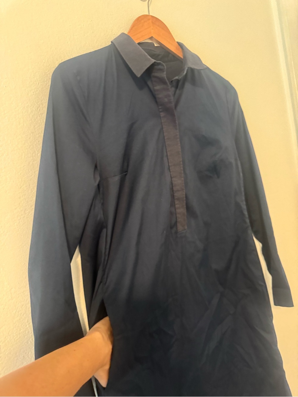 COS Navy Cotton Poplin Long Sleeve Shirt Dress Pockets Black Trim Size 6 - Picture 2 of 9